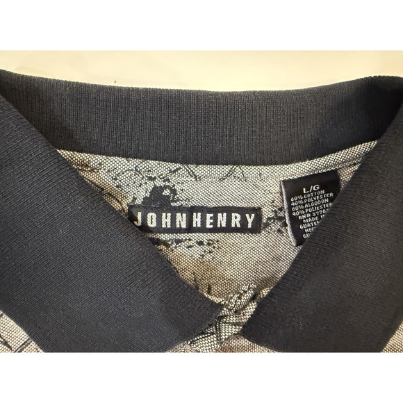John Henry Polo Shirt Men Large Gray Black Tan Leaf Pattern Casual Retro Vintage - Picture 2 of 3